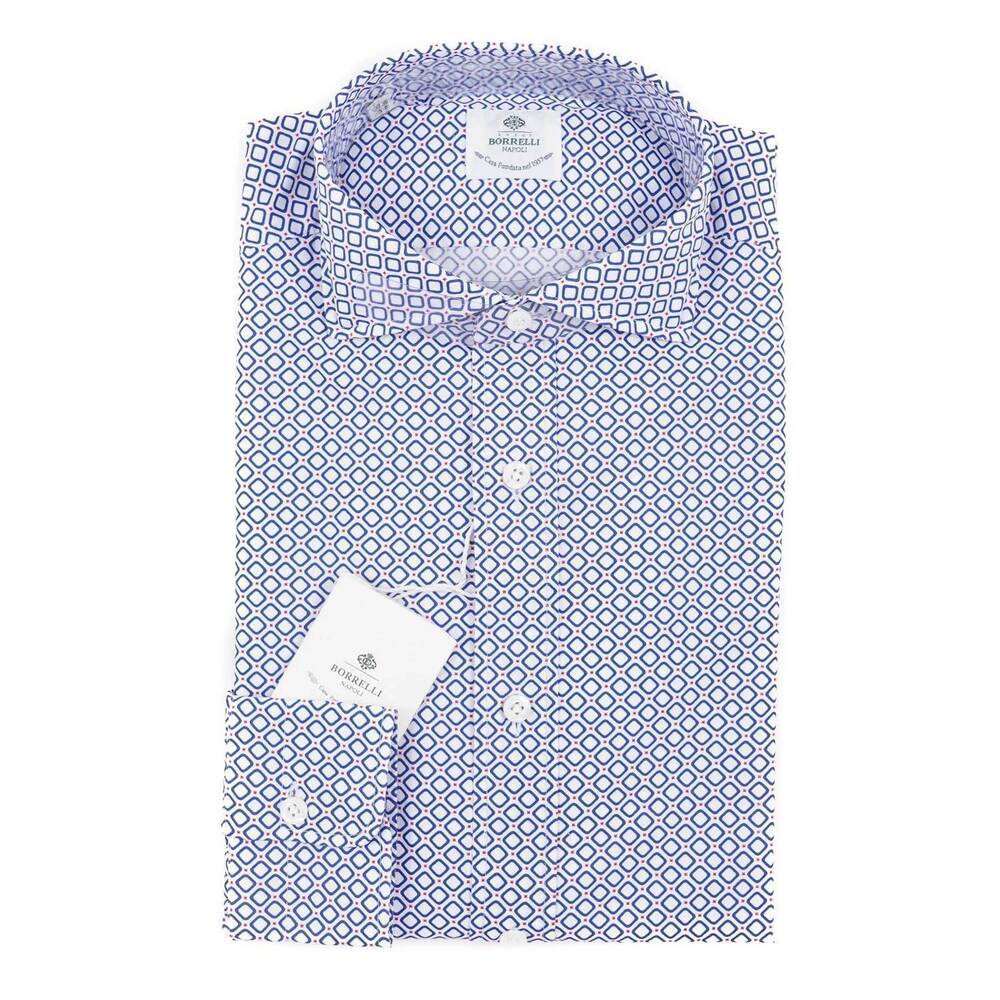 NEW LUIGI BORRELLI NAPOLI men's slim-fit patterned cotton shirt in blue and red